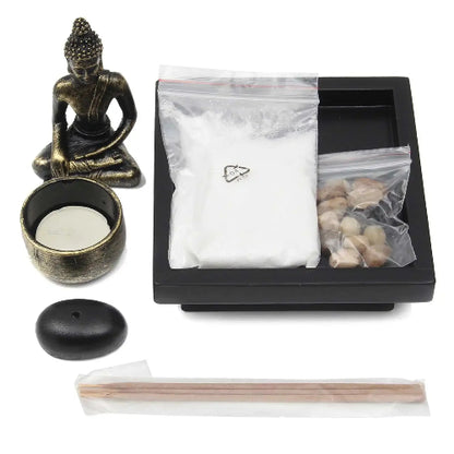 1x Black Base
1x Buddha Statue
1x Tea Light
1x Tea Light Holder
1x Rock Incense Stick Holder
3x Incense Sticks
1 Bag of Small Rocks
1 Bag of White Sand (colors may vary)